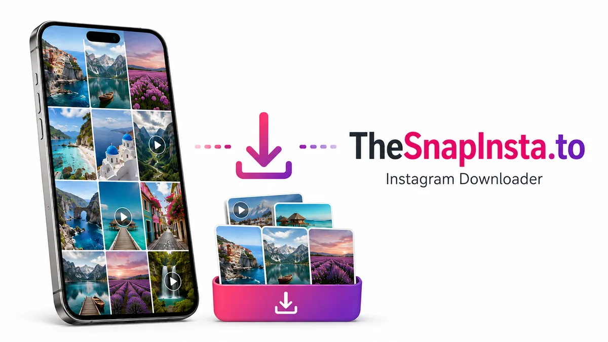 TheSnapInsta.to illustration: saving photos and videos from a phone.